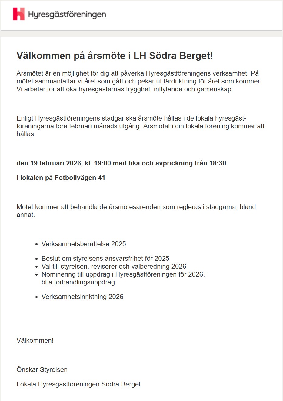 Årsmöte LH SödraBerget 2026